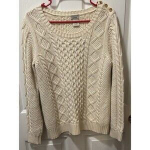 L L Bean Chunky Cable Knit Sweater Cream 3 Button Shoulder Cozycore Size Med.